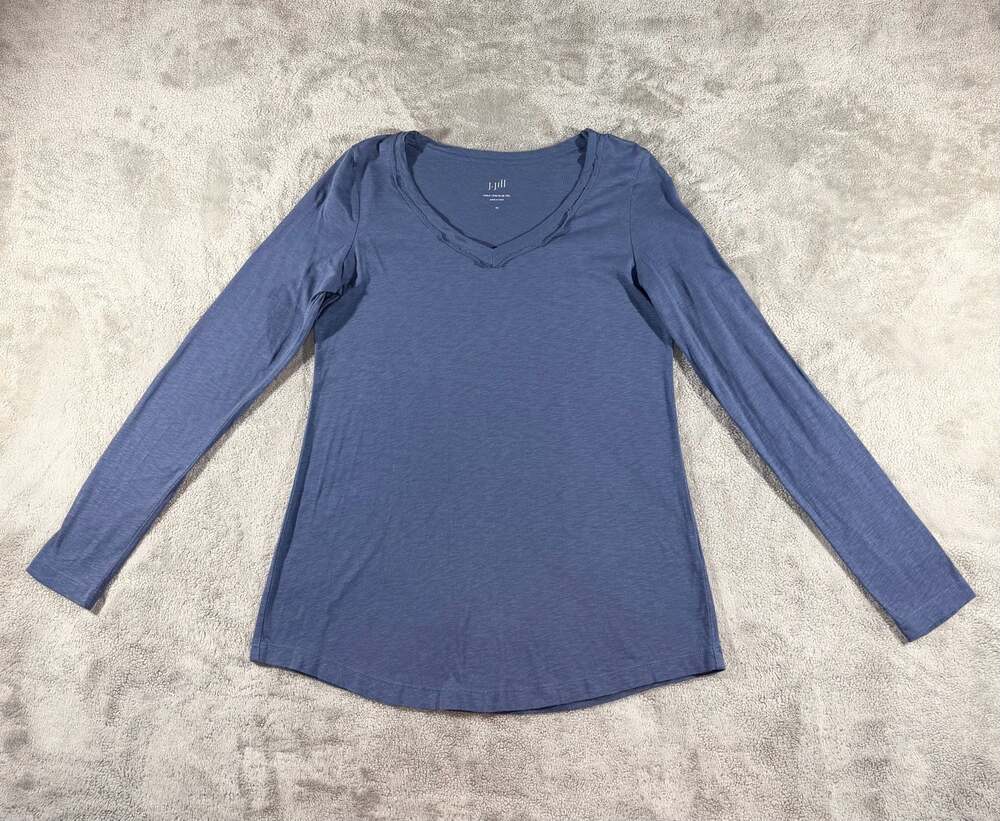 J.Jill Blue Voile-Trim Slub Tee Long Sleeve Super Soft V-Neck Shirt XS